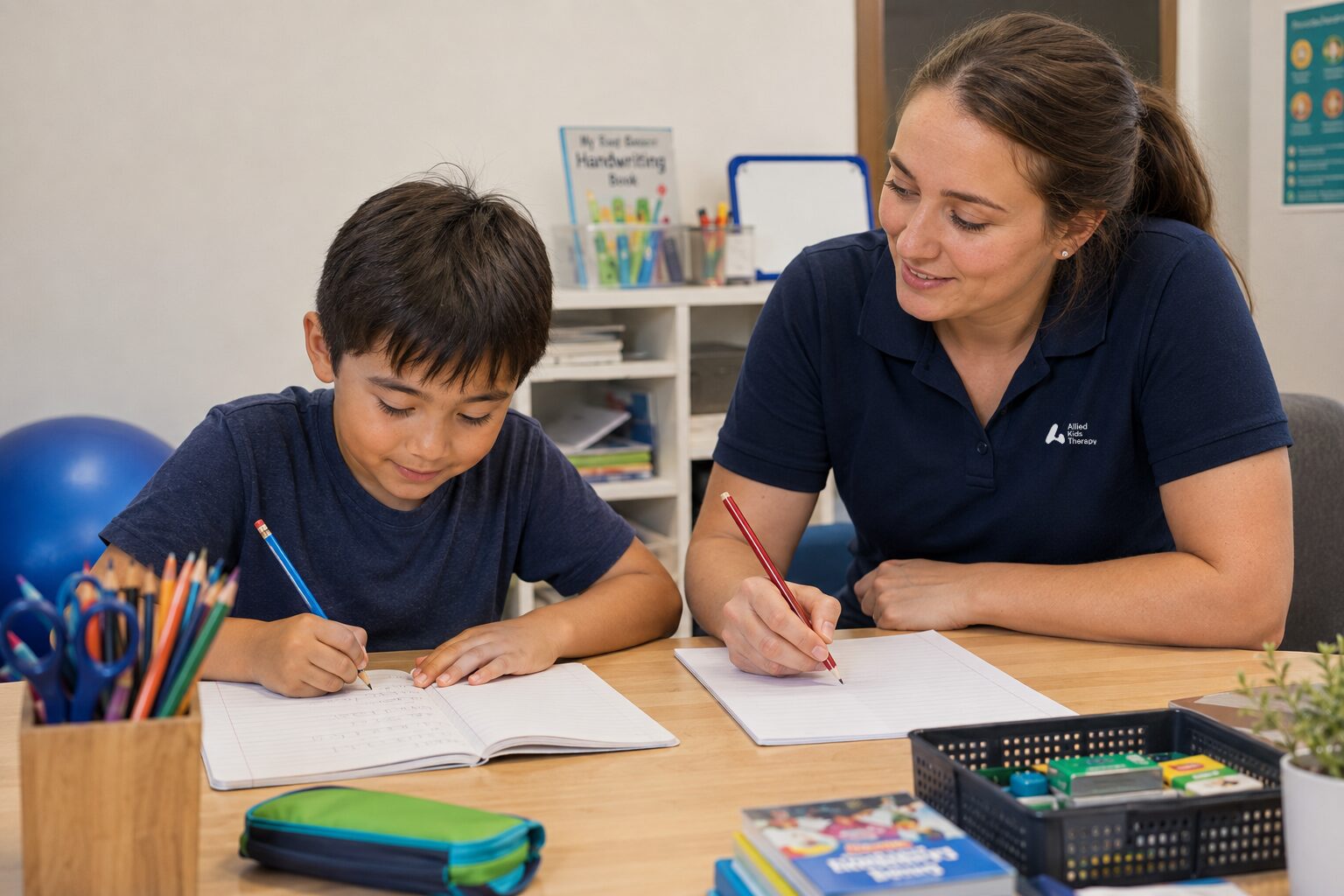 Occupational therapist supporting a child during a handwriting session at Allied Kids Therapy