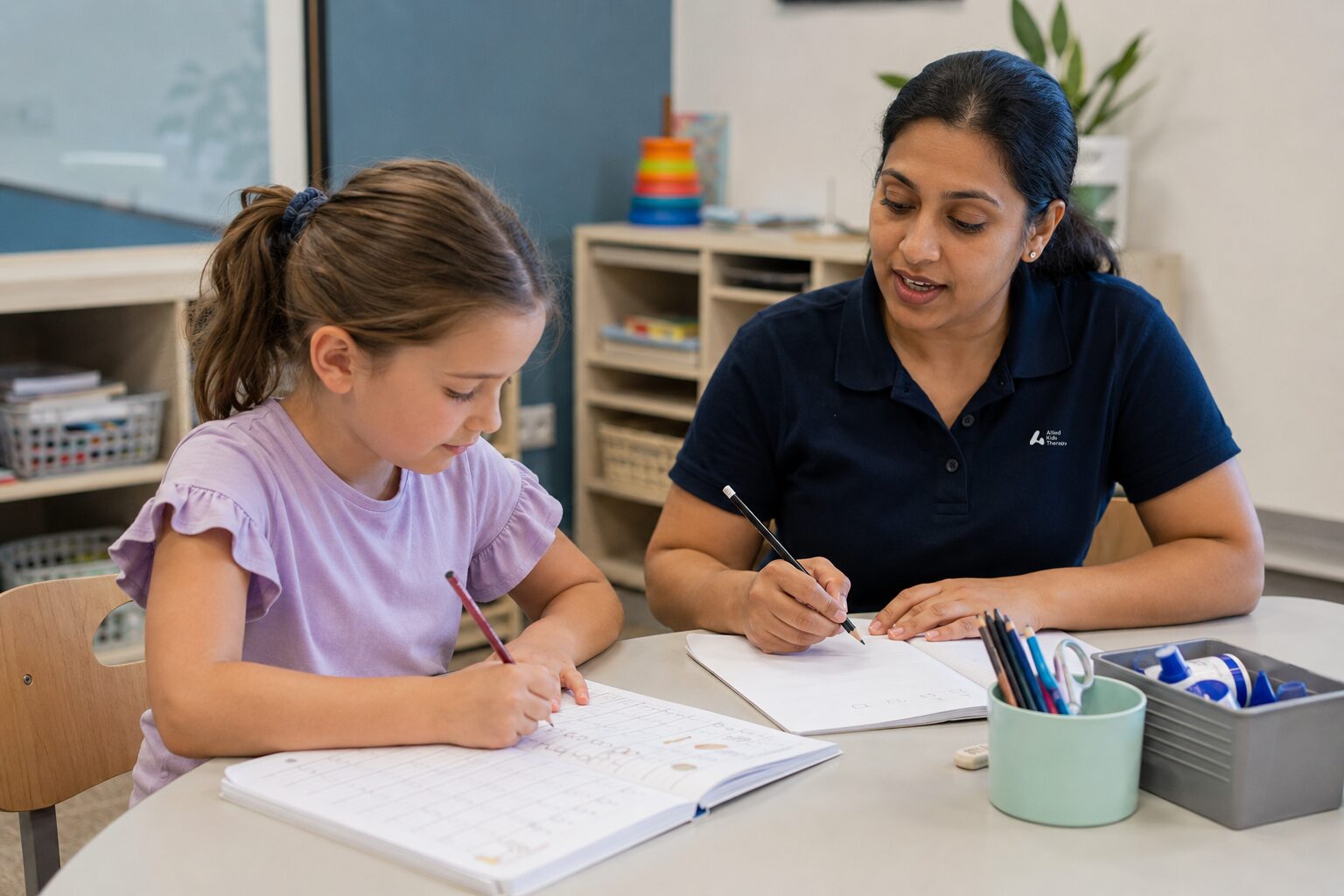 Occupational therapist and child working on pencil control and letter formation