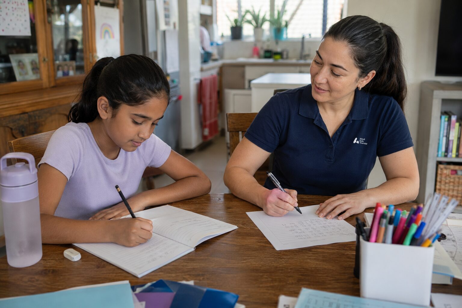 Child writing in a notebook alongside a therapist