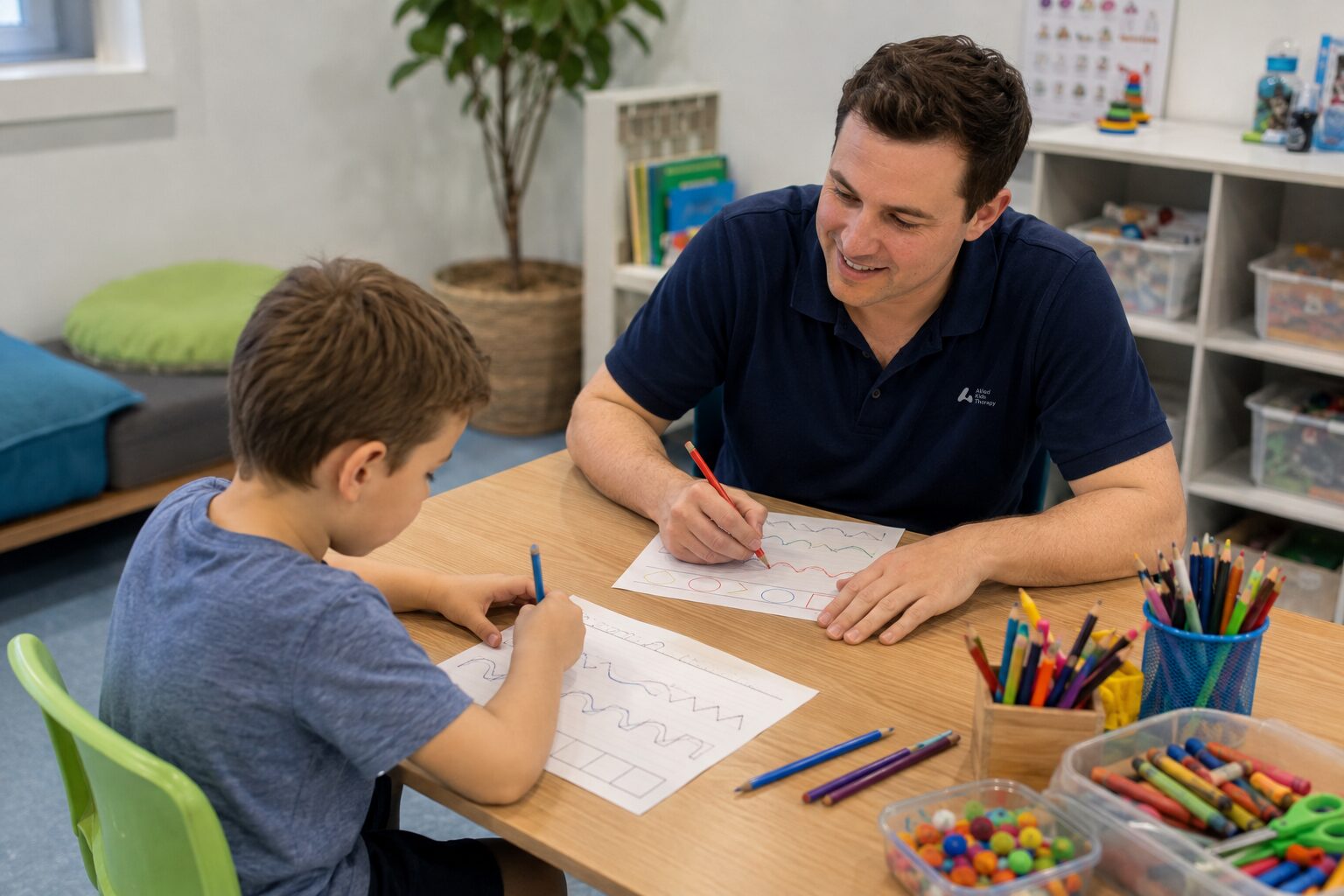 Helping a child build handwriting skills at the table