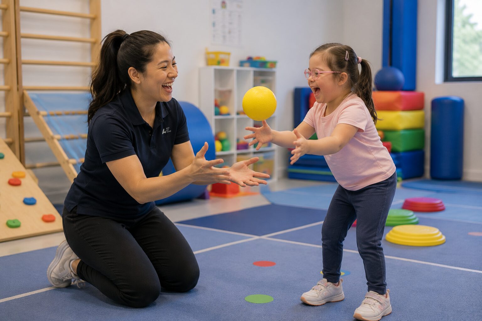 Therapist and child playing catch during a functional movement assessment