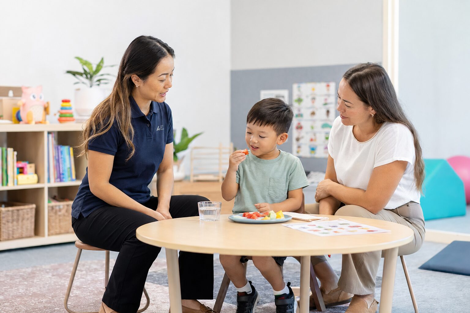 Therapist and parent supporting a child during a self-care and eating assessment