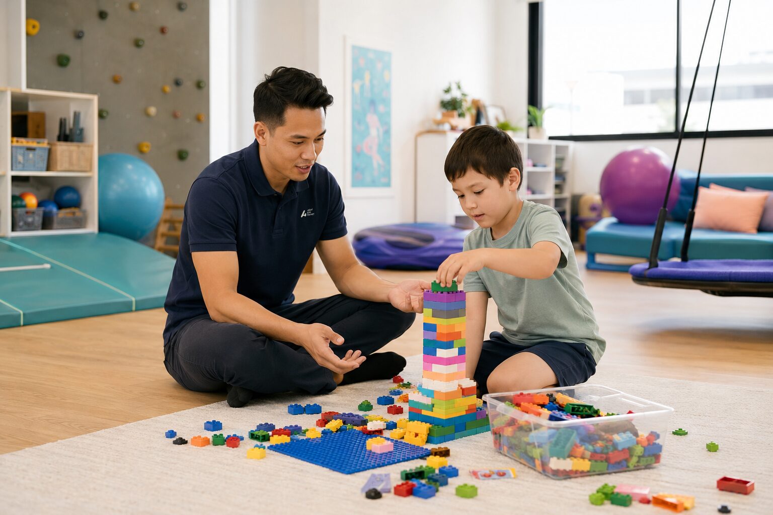 Therapist and child building with blocks during a paediatric assessment at Allied Kids Therapy