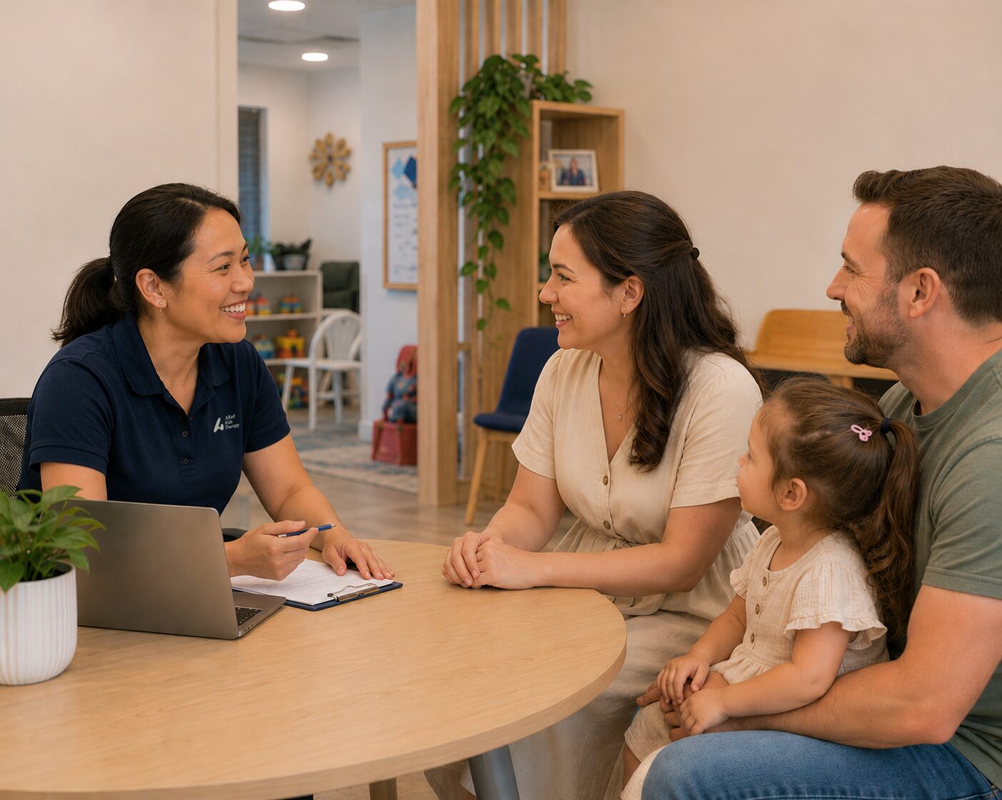 Paediatric therapist discussing a Functional Capacity Assessment with a child and her parents at Allied Kids Therapy