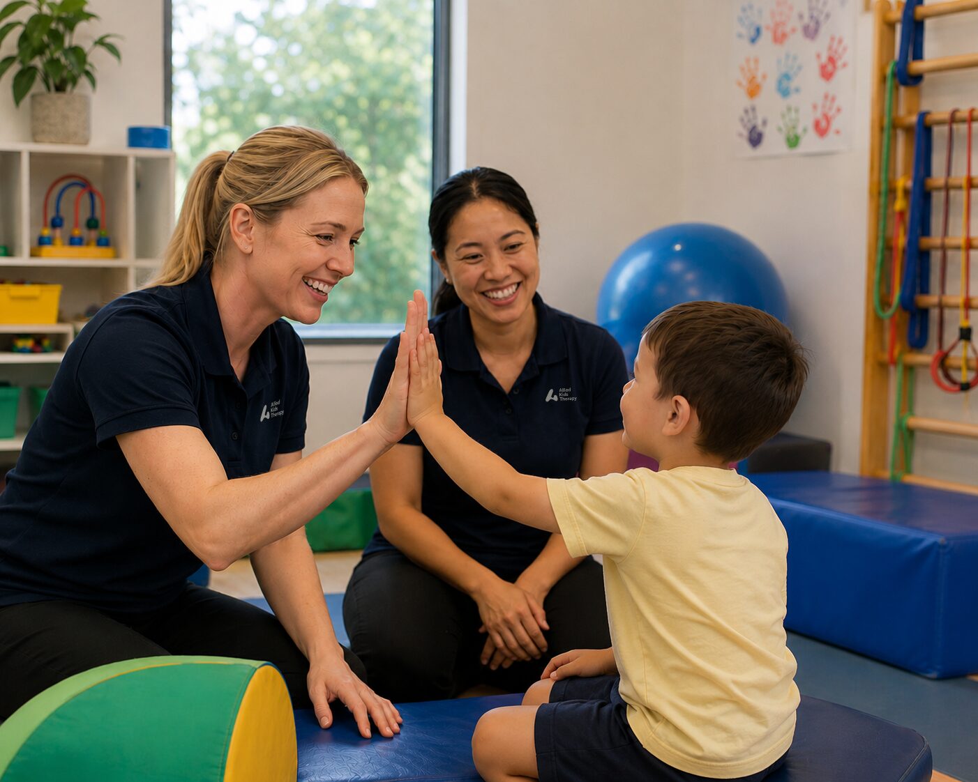 Allied Kids Therapy clinicians celebrating progress with a child during a paediatric session
