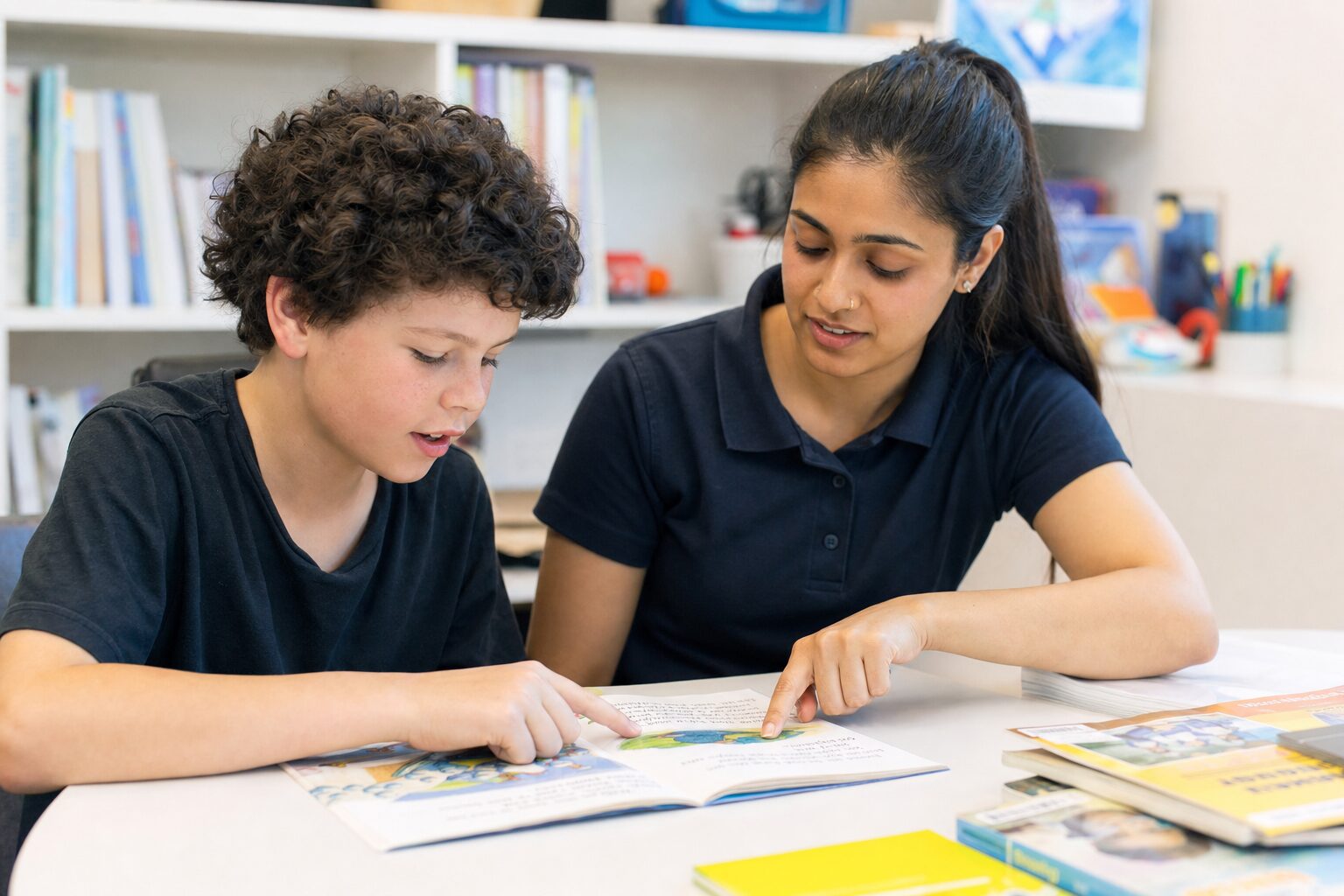 Speech pathologist and teenage boy reading together during a dyslexia assessment session