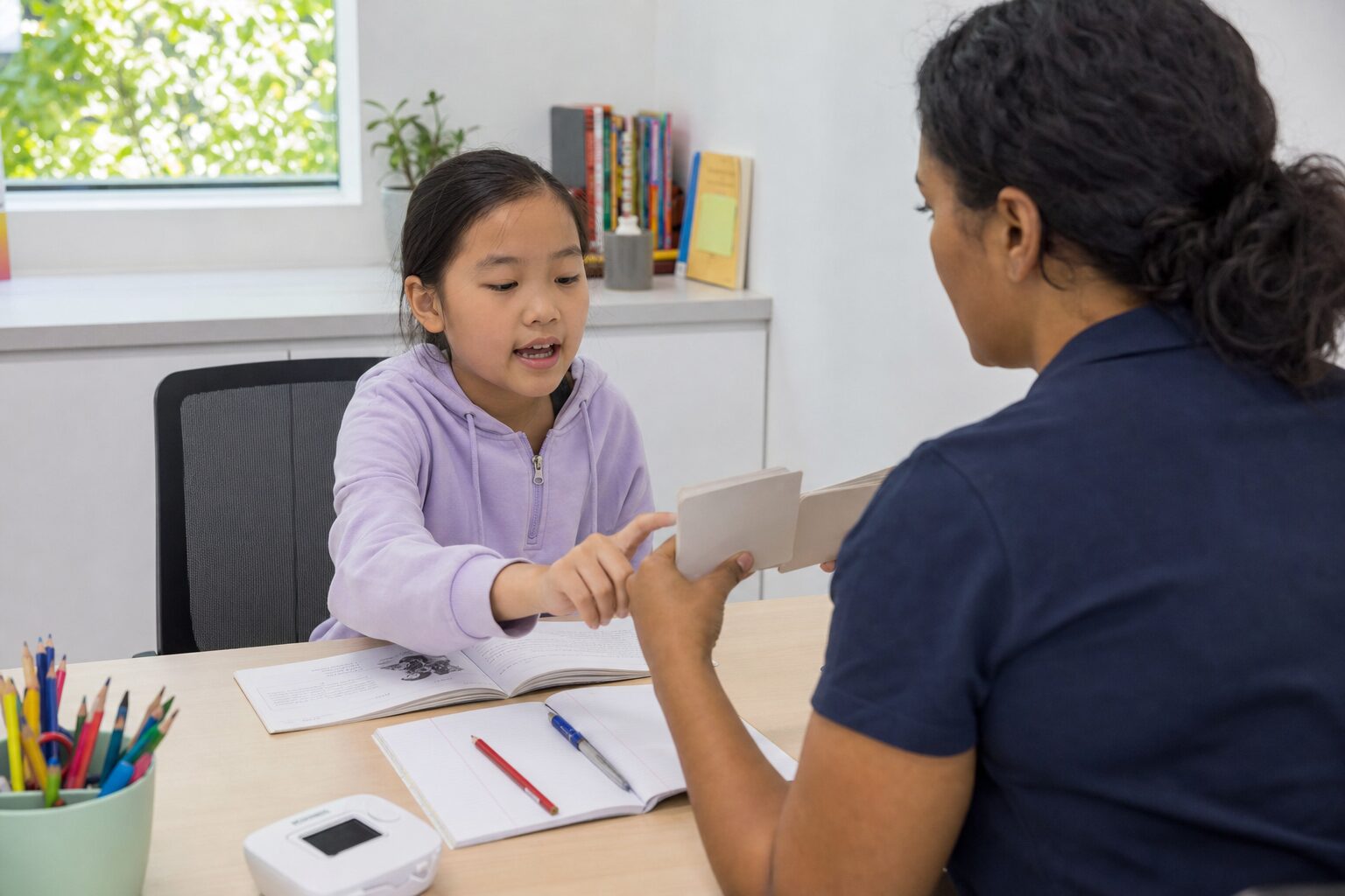 Speech pathologist reviewing assessment cards with a young girl during a literacy assessment